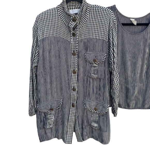 Caribe Vintage Womens Gingham Striped Sleeveless Top Button High Collar Jacket S - Picture 2 of 12